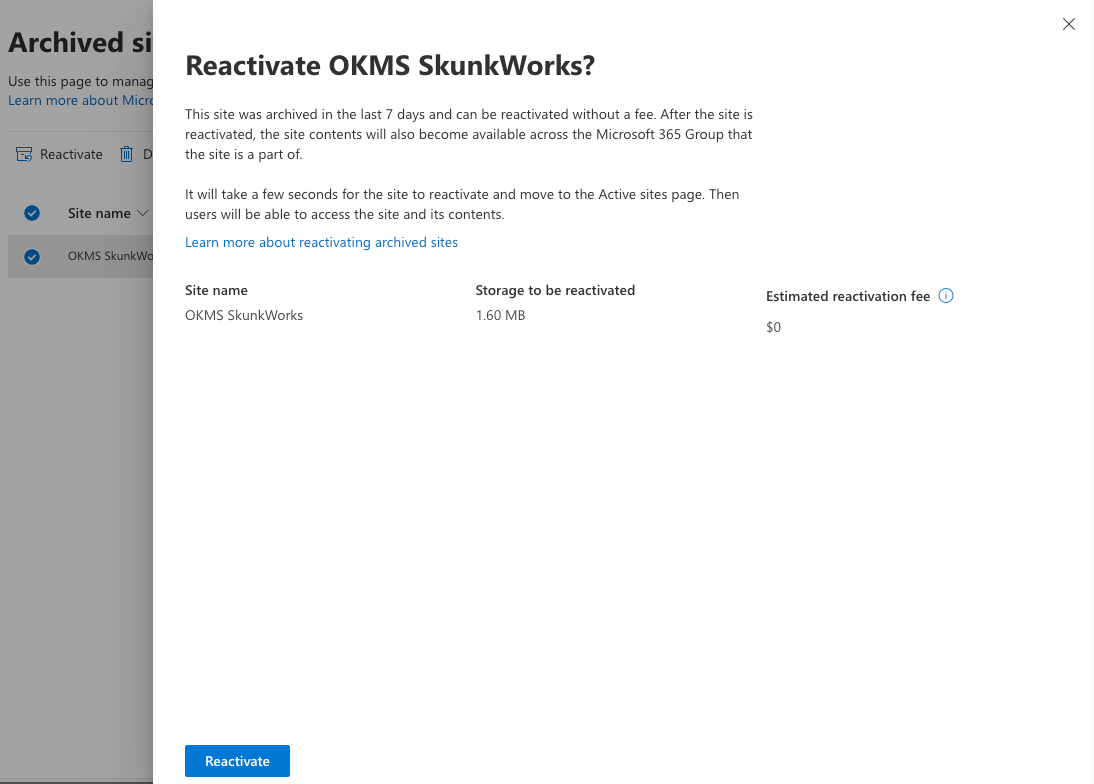 Reactivate sites in Microsoft 365 Archive